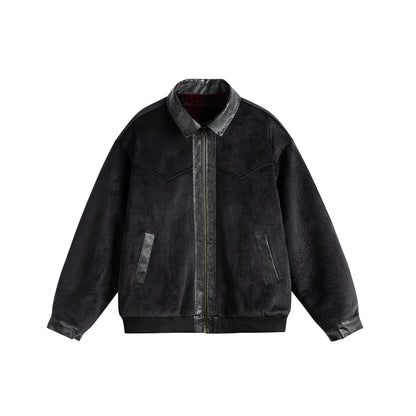 Unisex Oversize Blouson Jacket made of Velours-Suede with reptile embossed trim and warming teddy lining EVA-US