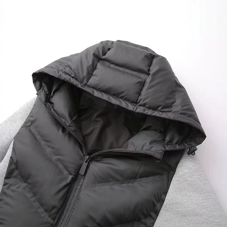 Ladies Hooded Hybrid Jacket with Quilted Front and Sweat Sleeves EVA-US