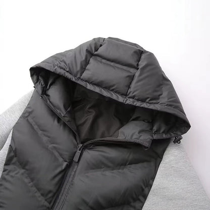 Ladies Hooded Hybrid Jacket with Quilted Front and Sweat Sleeves EVA-US