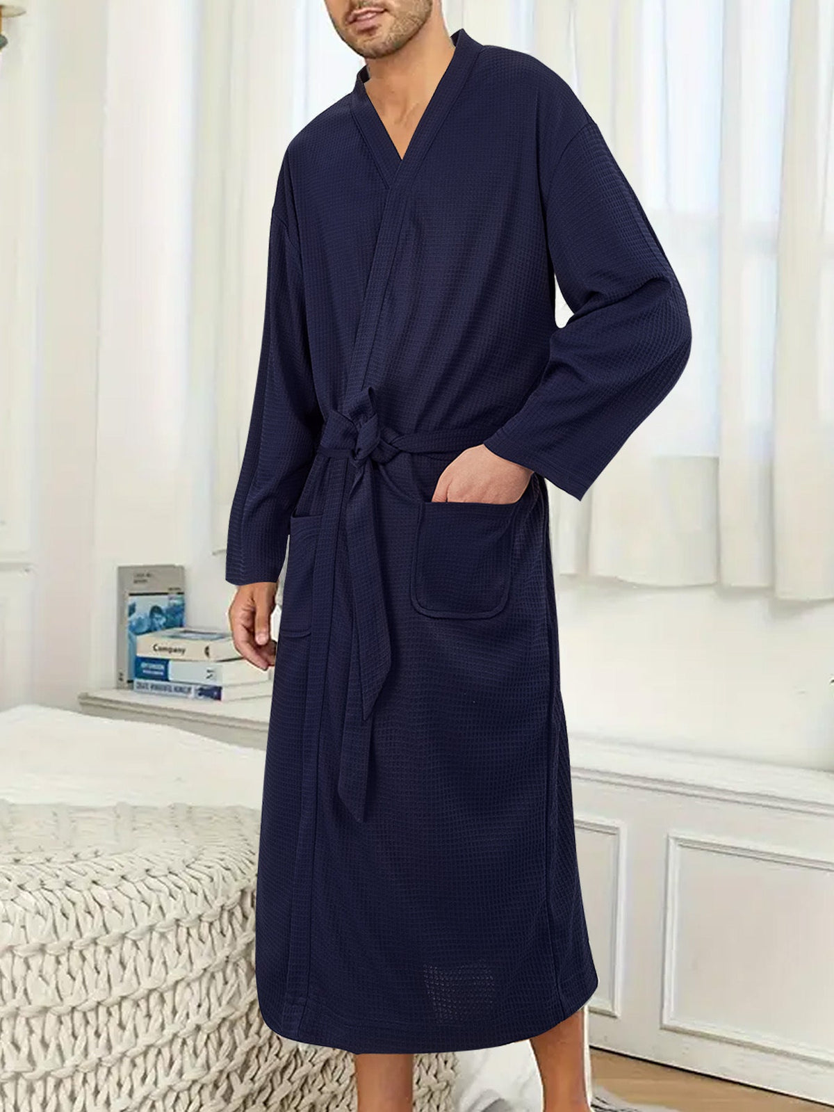 Men's lightweight cotton kimono bathrobe with waffle texture and patch pockets EVA-US
