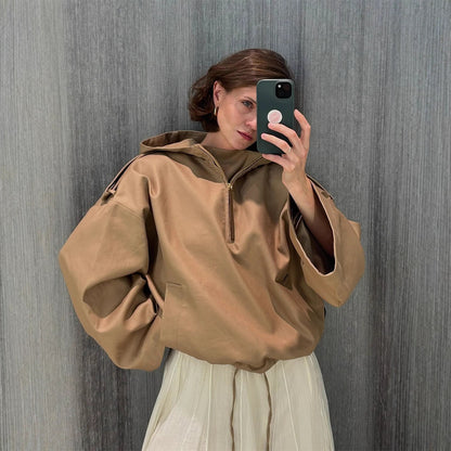 Women Oversize Hoodie with Half Zipper, Balloon Sleeves & Drawstring Hood