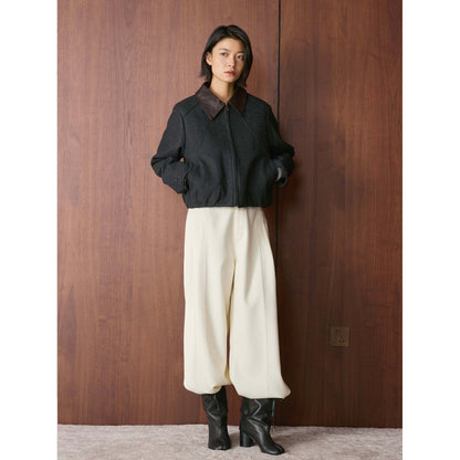 Women's Short Boxy Wool Jacket with Contrasting Leather Collar EVA-US