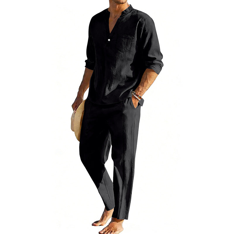 Men's comfortable linen two-piece with stand-up collar shirt and tapered ankle-length pants EVA-US