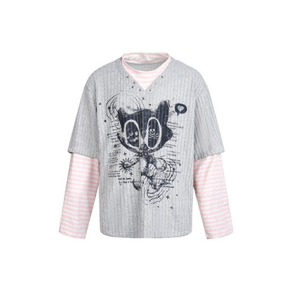 Women Layered Look Long Sleeve with Striped Sleeves and Graphic Statement Print EVA-US