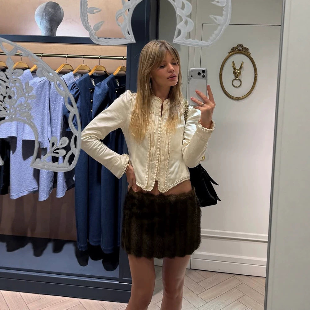 Women Tailored Cropped Blazer with Sculpted Shoulder and Decorative Trimmings EVA-US