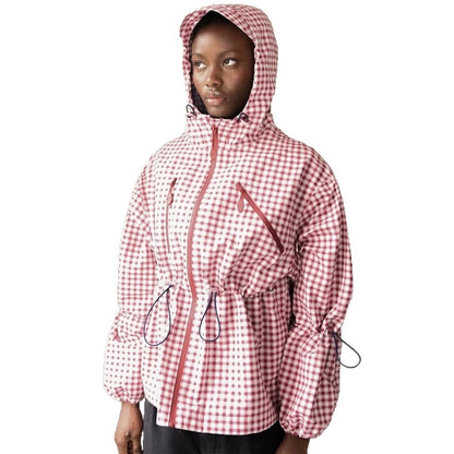 Women's Check Windbreaker with Waist Drawstring, Hood and Zipper EVA-US