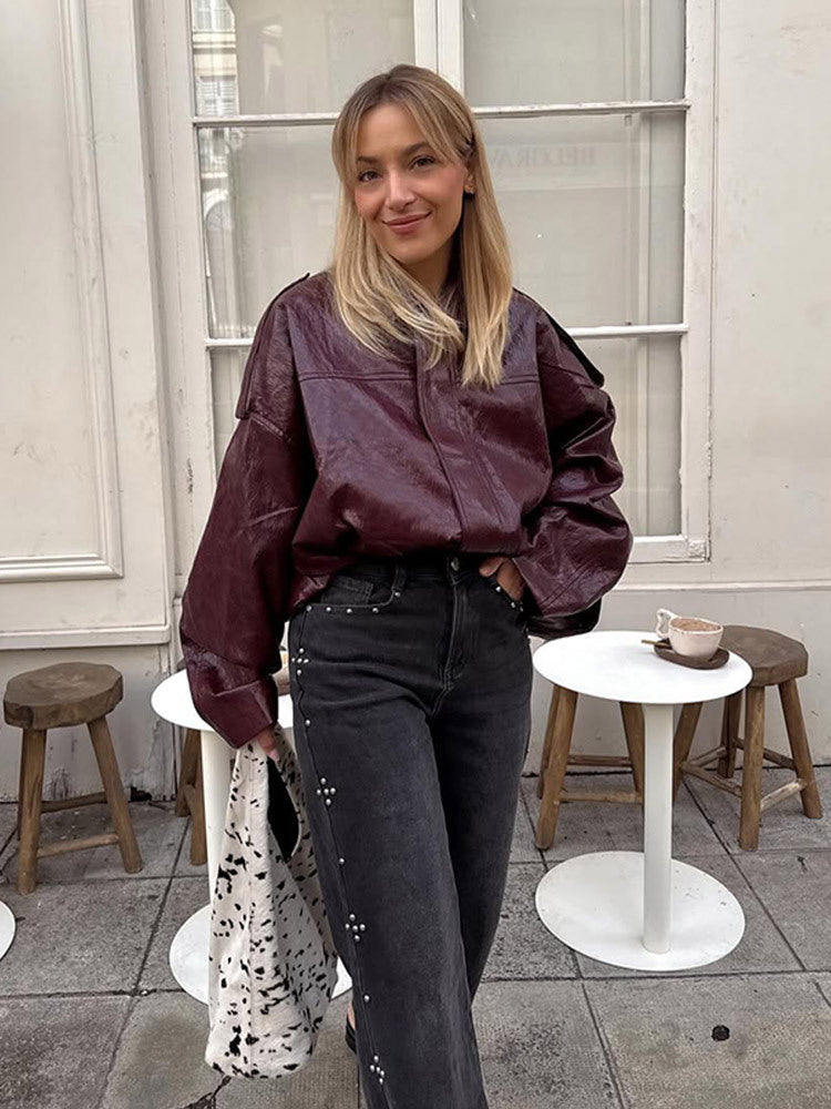 Women's short jacket in glossy patent look with boxy silhouette and dropped shoulders EVA-US