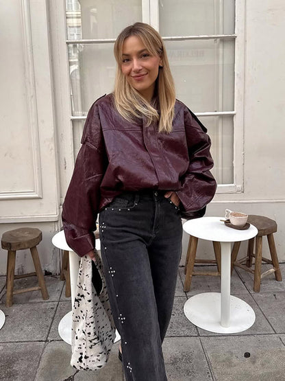 Women's short jacket in glossy patent look with boxy silhouette and dropped shoulders EVA-US