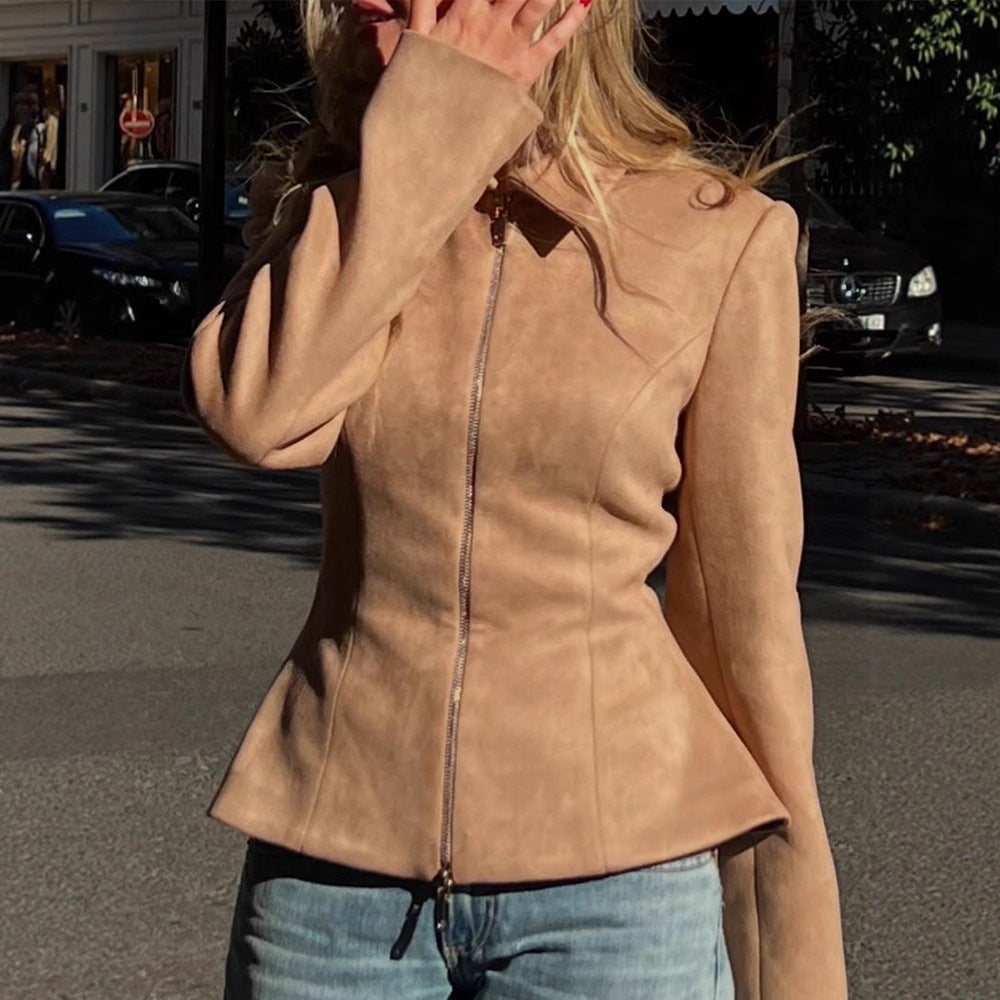Women's Tailored Suede Look Jacket with Two-Way Zipper EVA-US