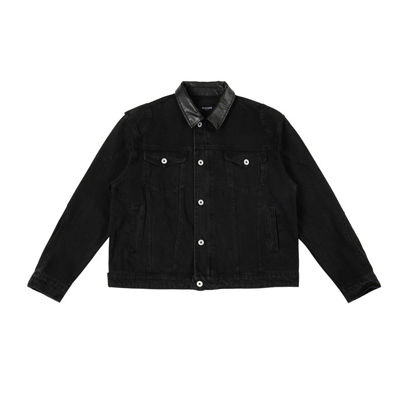 Men's Boxy Denim Jacket with Faux Leather Collar and Visible Metal Buttons EVA-US