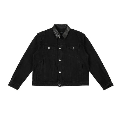 Men's Boxy Denim Jacket with Faux Leather Collar and Visible Metal Buttons EVA-US