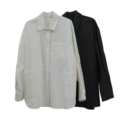 Women's Oversized Cotton Shirt Jacket with Chest Pocket and Extended Back EVA-US