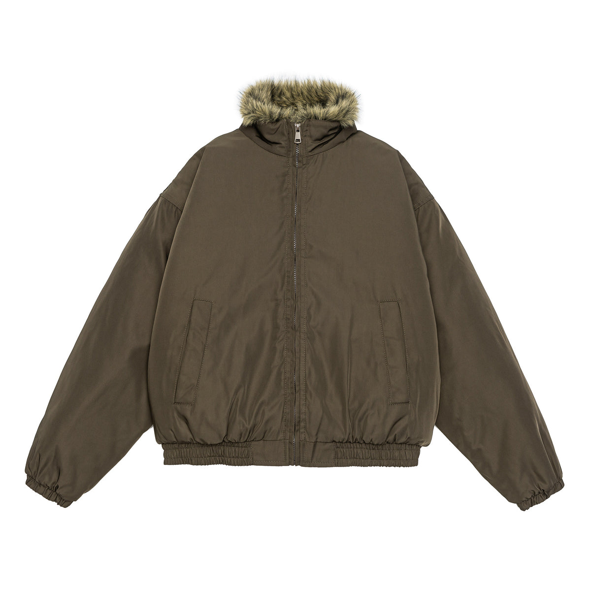Women's oversized padded bomber jacket with elastic hem and faux fur trim EVA-US