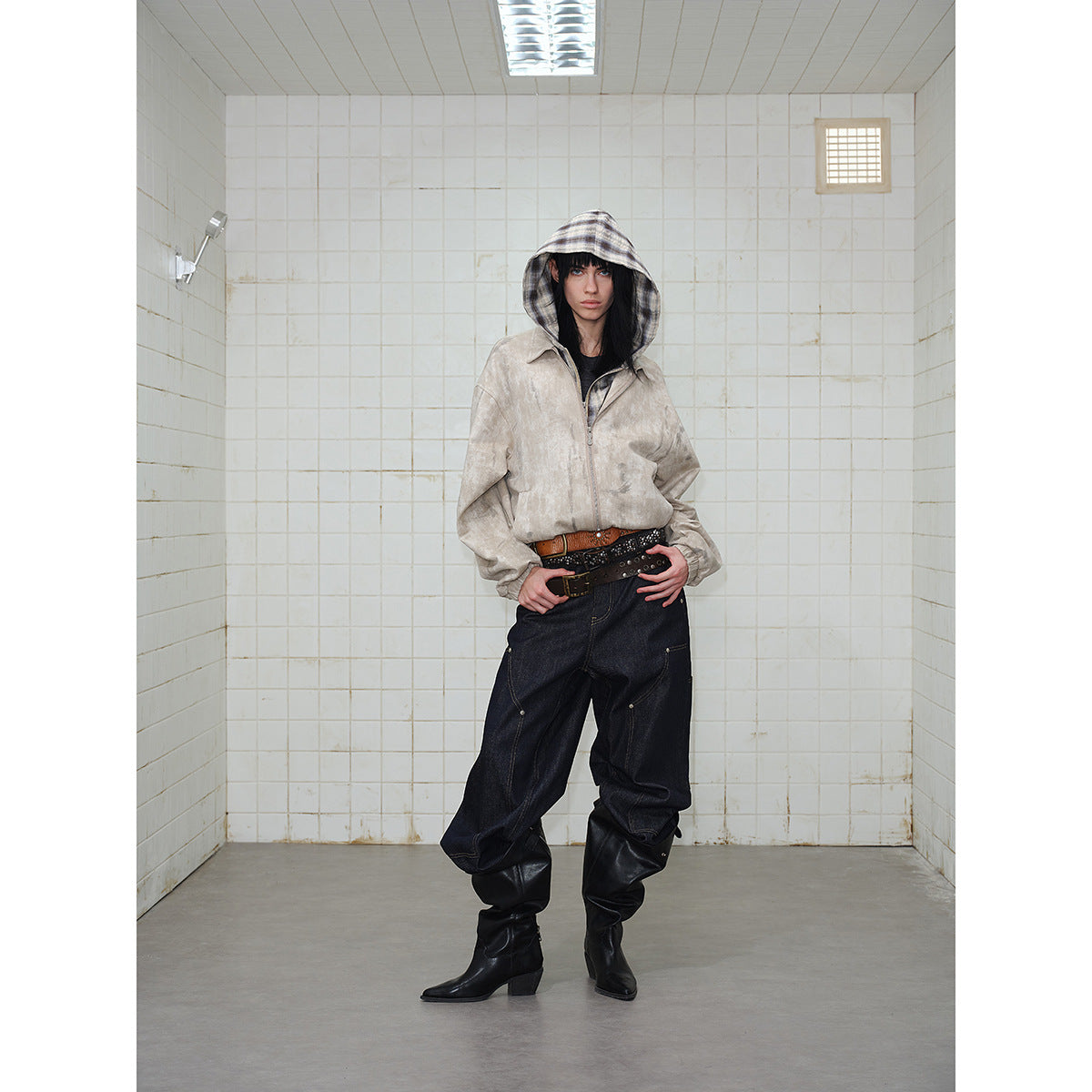 Unisex Short Cut Boxy Jacket in Suede Look with Checked Lined Hood EVA-US