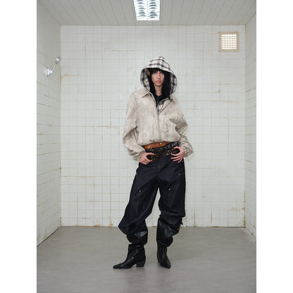 Unisex Short Cut Boxy Jacket in Suede Look with Checked Lined Hood EVA-US