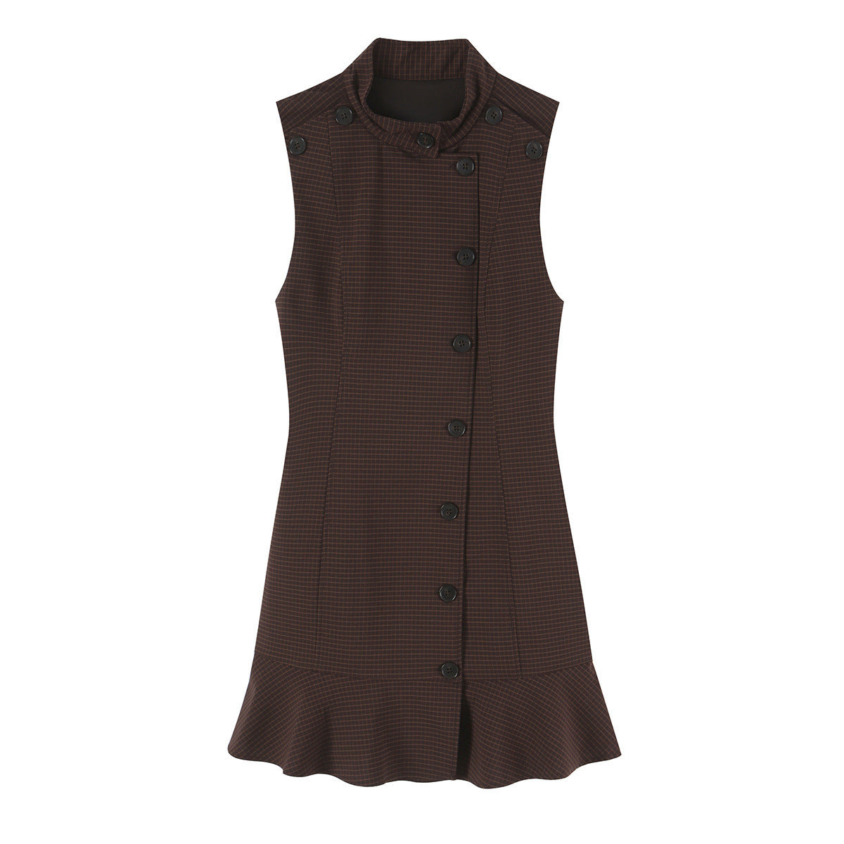 Women's Sleeveless Sheath Dress with Stand Collar, Asymmetric Button Placket and Ruffle Trim EVA-US
