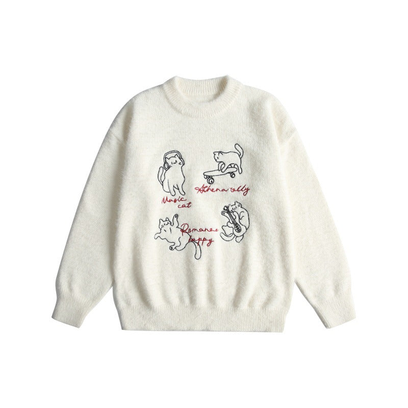 Women's Soft Sweater with Playful Cat Embroidery and Light Stand-up Collar EVA-US