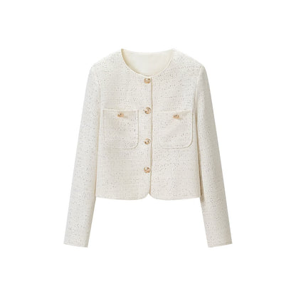Women Short-Cut Tweed Jacket in Boucle Look with Round Neckline, Decorative Buttons and Flap Pockets EVA-US