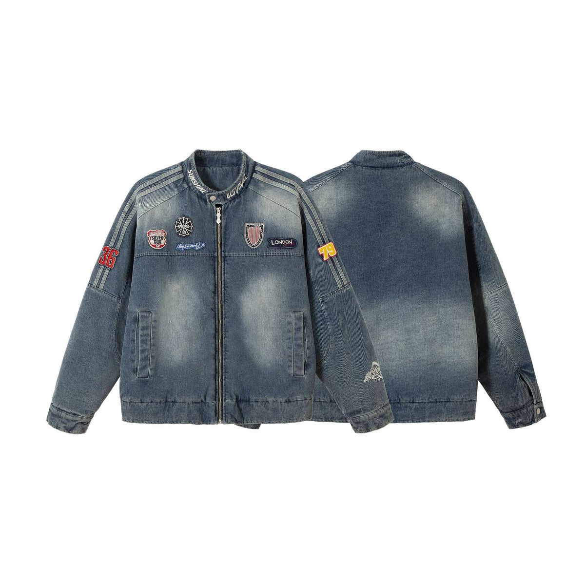Men's jeans bomber jacket with vintage wash, patch detail and stand-up collar EVA-US