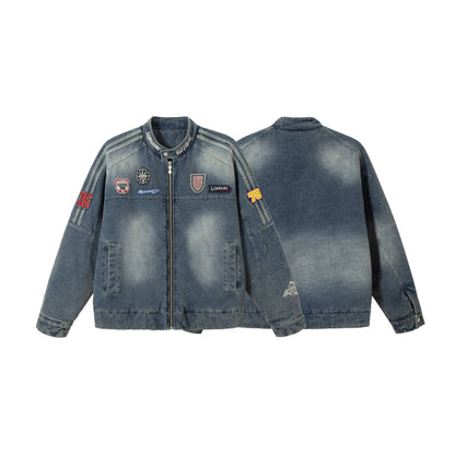 Men's jeans bomber jacket with vintage wash, patch detail and stand-up collar EVA-US