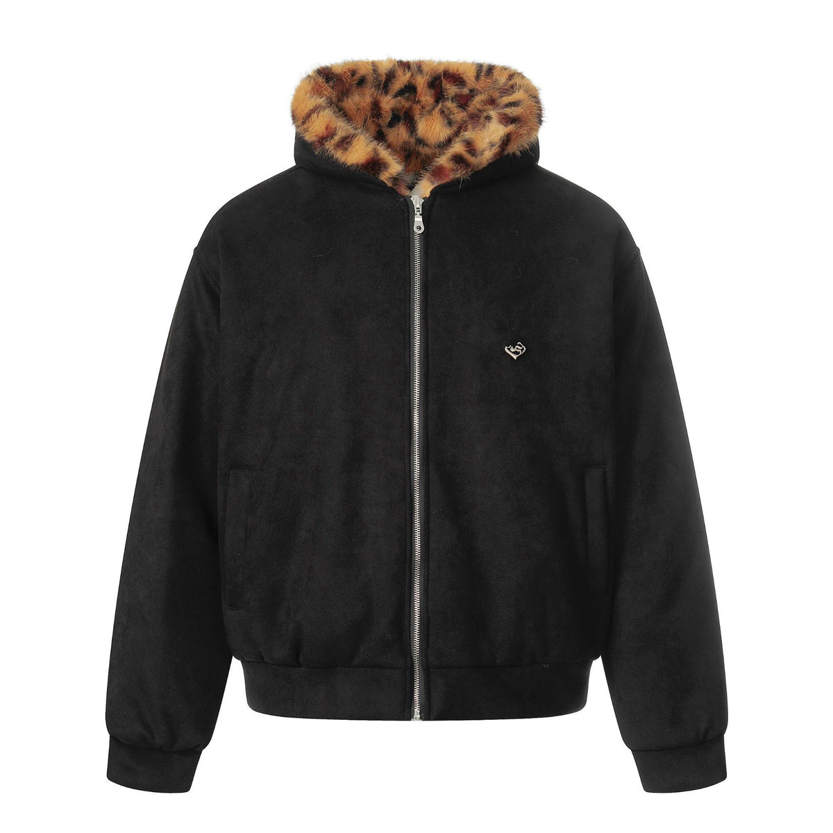 Women's Cozy Velvet Bomber with Leopard-Lined Collar and Elastic Hem