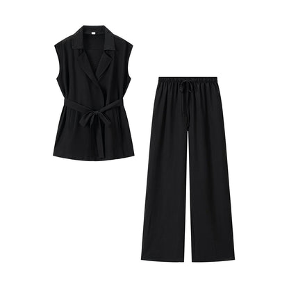 Women Two-Piece Lightweight Lounge Set with Sleeveless Vest and Wide Palazzo Pants EVA-US