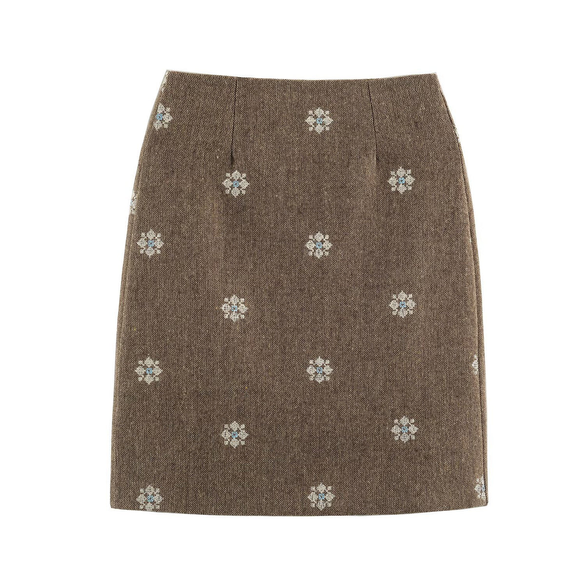 Women's wool blend pencil skirt with embroidered floral motifs and central slit EVA-US