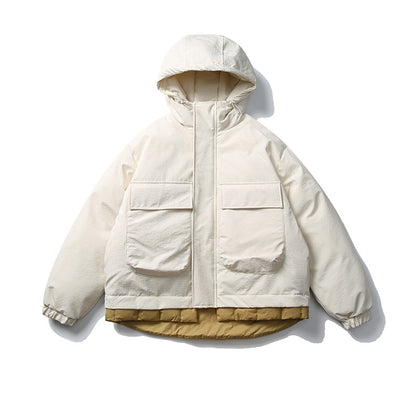 Unisex Short cut padded hoodie jacket in material mix with patch pockets EVA-US
