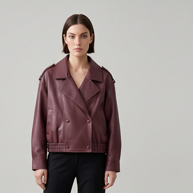 Women's Boxy Faux Leather Blouson with textured grain, double-breasted button placket & elastic hem EVA-US