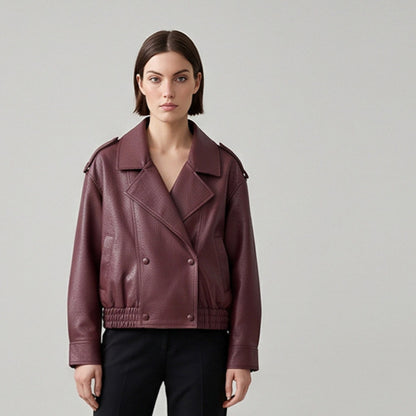 Women's Boxy Faux Leather Blouson with textured grain, double-breasted button placket & elastic hem EVA-US