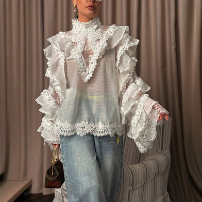 Women's Transparent Lace Blouse with Ruffle Sleeves and High Stand-Up Collar EVA-US