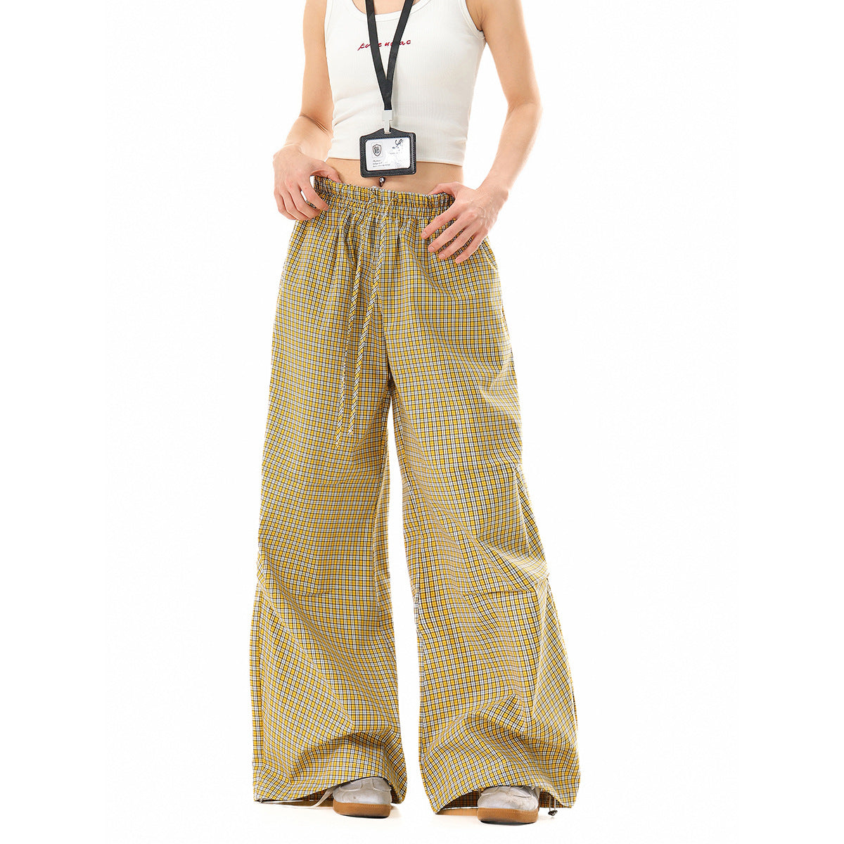Women's loose cotton pants with elastic waistband, check pattern and adjustable hem drawstring EVA-US