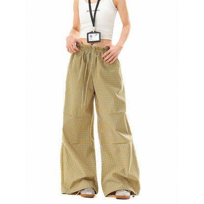 Women's loose cotton pants with elastic waistband, check pattern and adjustable hem drawstring EVA-US