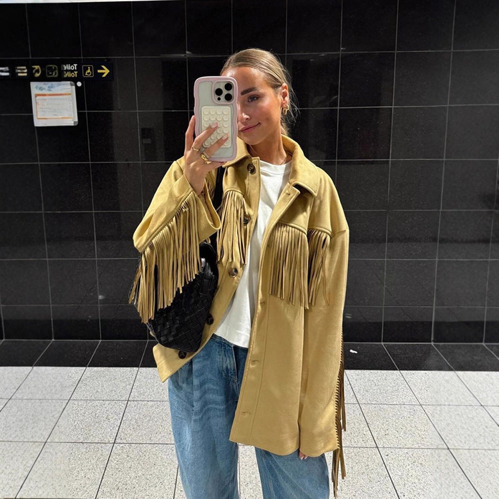 Women's Oversize Fringed Jacket in Western Style made of Suede Look with Shirt Collar EVA-US