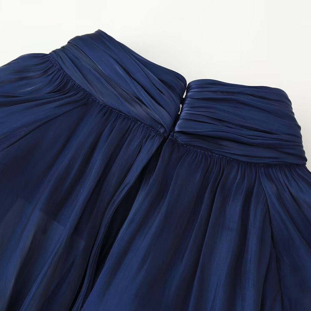 Women silk-like slip blouse with bow collar, pleated effect and ruched balloon sleeves EVA-US