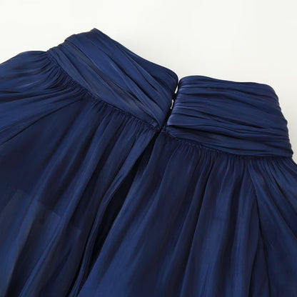 Women silk-like slip blouse with bow collar, pleated effect and ruched balloon sleeves EVA-US