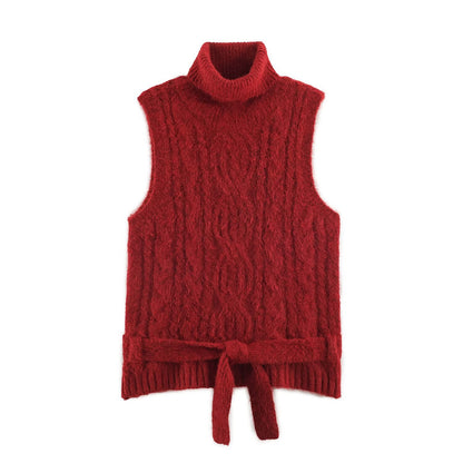 Women's Sleeveless Cable Knit Vest with Roll Neck and Ties EVA-US