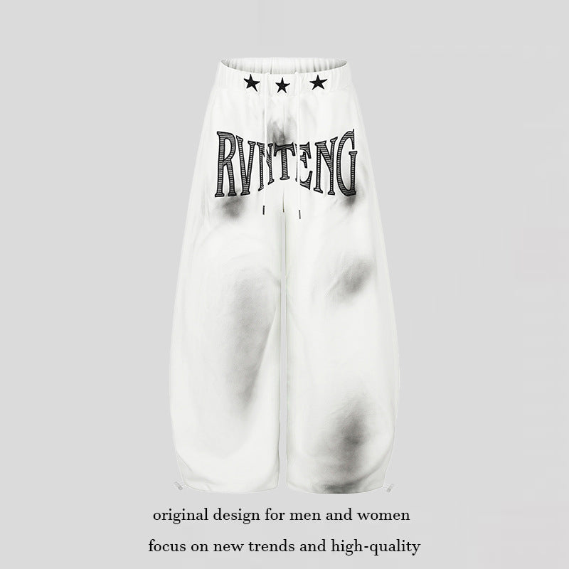 Women's Extra Wide Palazzo Sweatpants with Drawstring Waistband, Star Appliqué and Soft Tie-Dye Effect EVA-US