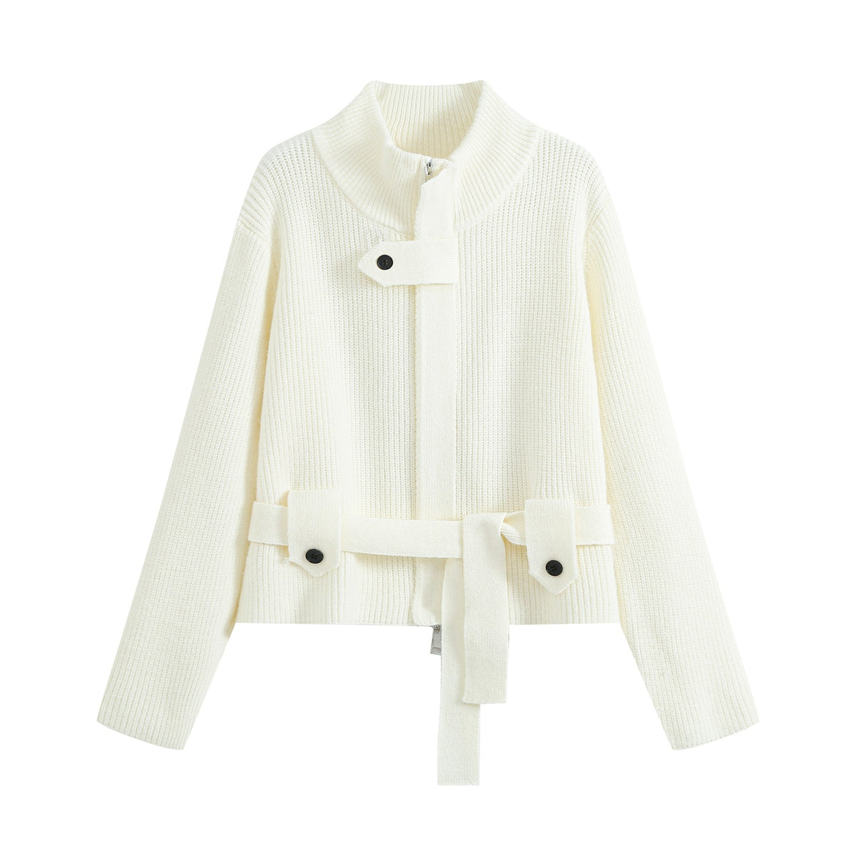 Women's cardigan with stand collar, zipper and waist tie belt EVA-US