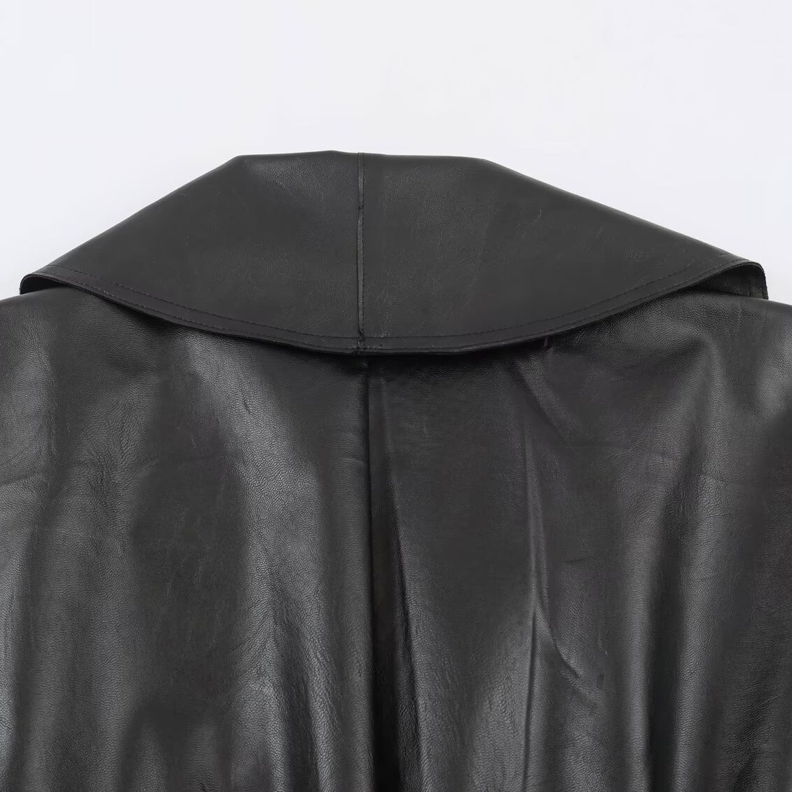 Women's Cropped Leather-Look Jacket with Oversized Shawl Collar and Tailoring Buckle Belt EVA-US