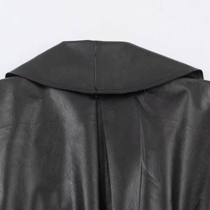 Women's Cropped Leather-Look Jacket with Oversized Shawl Collar and Tailoring Buckle Belt EVA-US