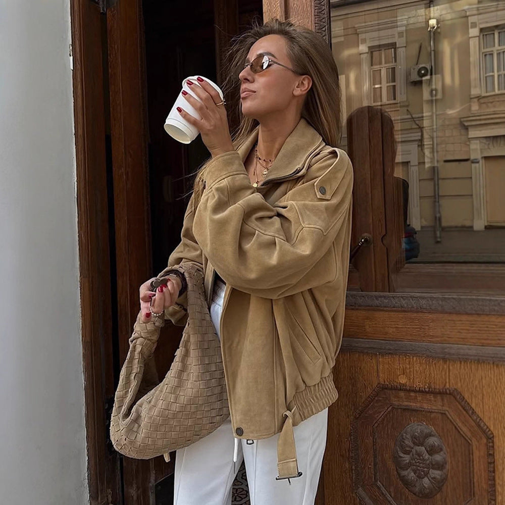 Women's Oversized Suede Leather Bomber Jacket with Epaulettes and Adjustable Waist EVA-US