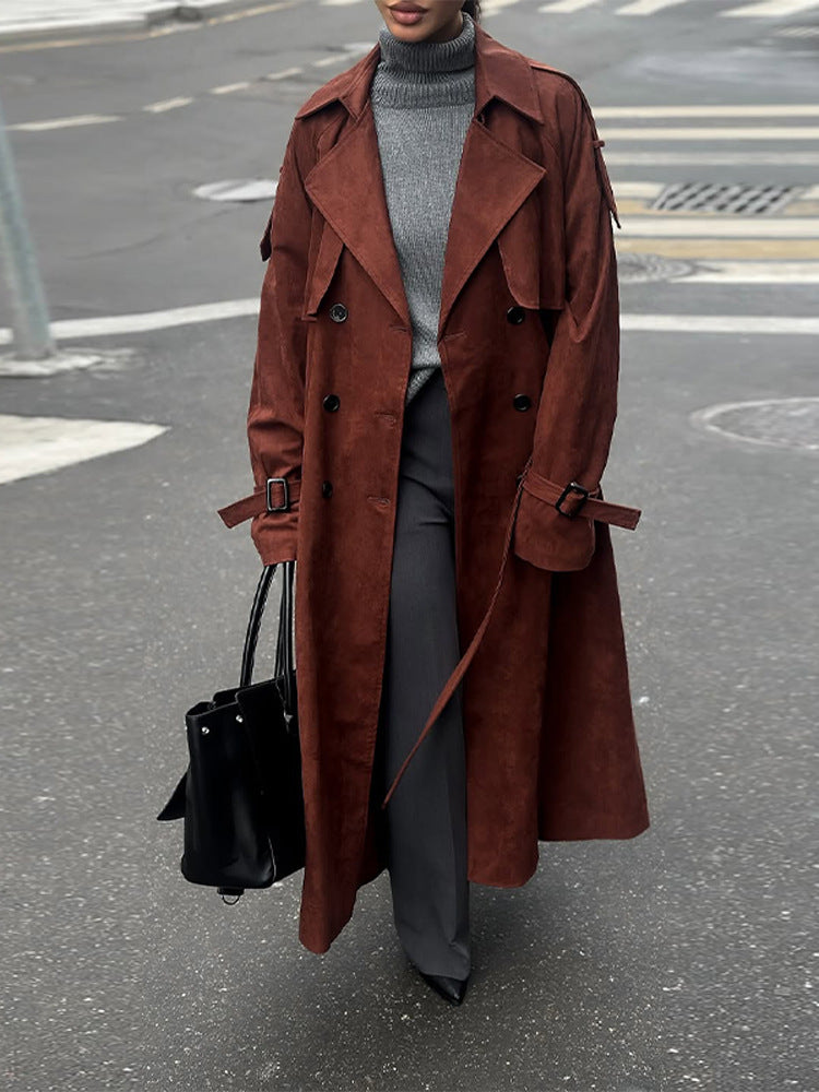 Women's long trench coat made of suede imitation with double button placket EVA-US