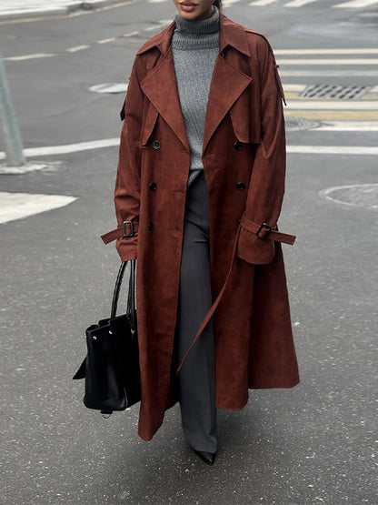 Women's long trench coat made of suede imitation with double button placket EVA-US