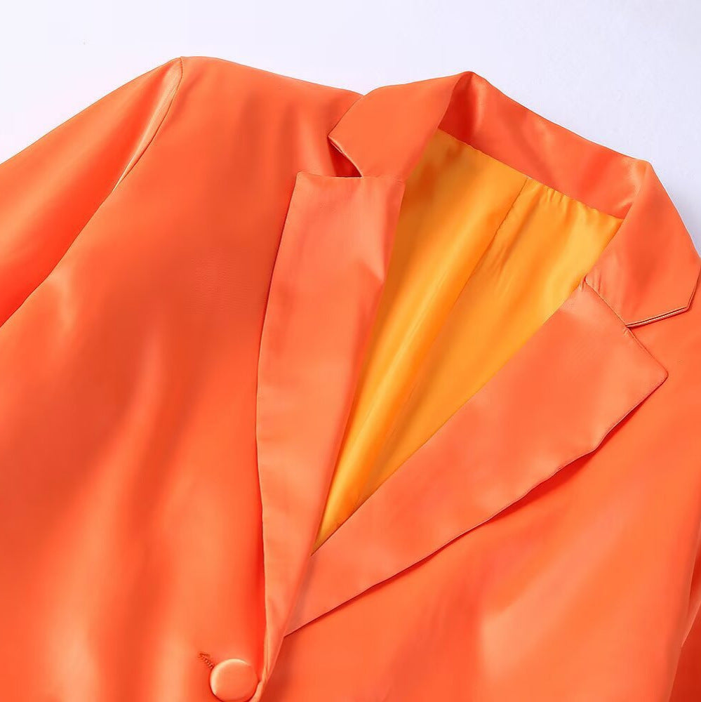 Women's Satin One-Button Blazer with Feather Trim on Sleeves EVA-US