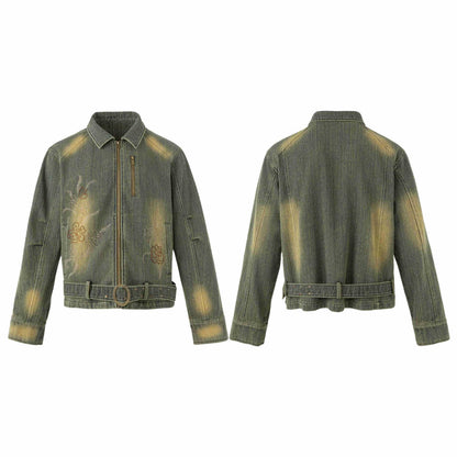 Women's Embroidered Short Denim Blouson Jacket with Waist Belt and Zipper EVA-US