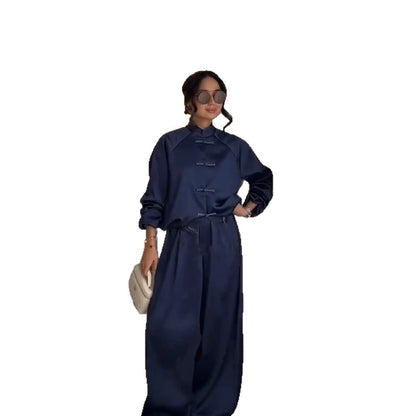 Women Satin Two-Piece with traditional toggle closures and wide pant skirt EVA-US