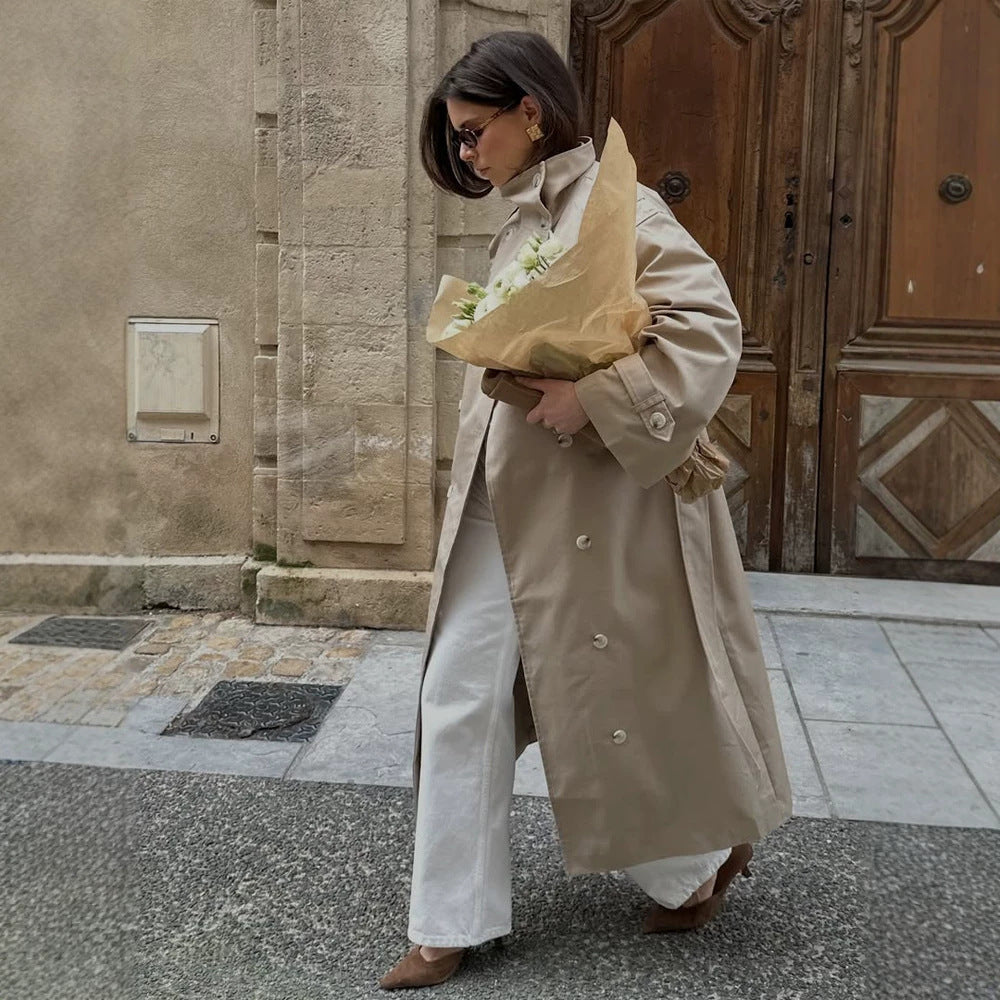 Women’s Maxi Trench Coat with high stand collar, double-breasted button placket & waist belt EVA-US