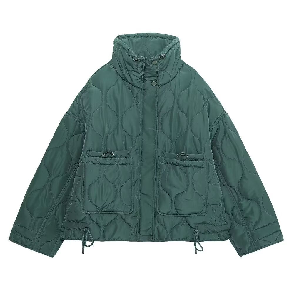 Women's quilted jacket with standing collar oversized short jacket with drawstring EVA-US