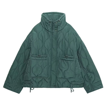 Women's quilted jacket with standing collar oversized short jacket with drawstring EVA-US